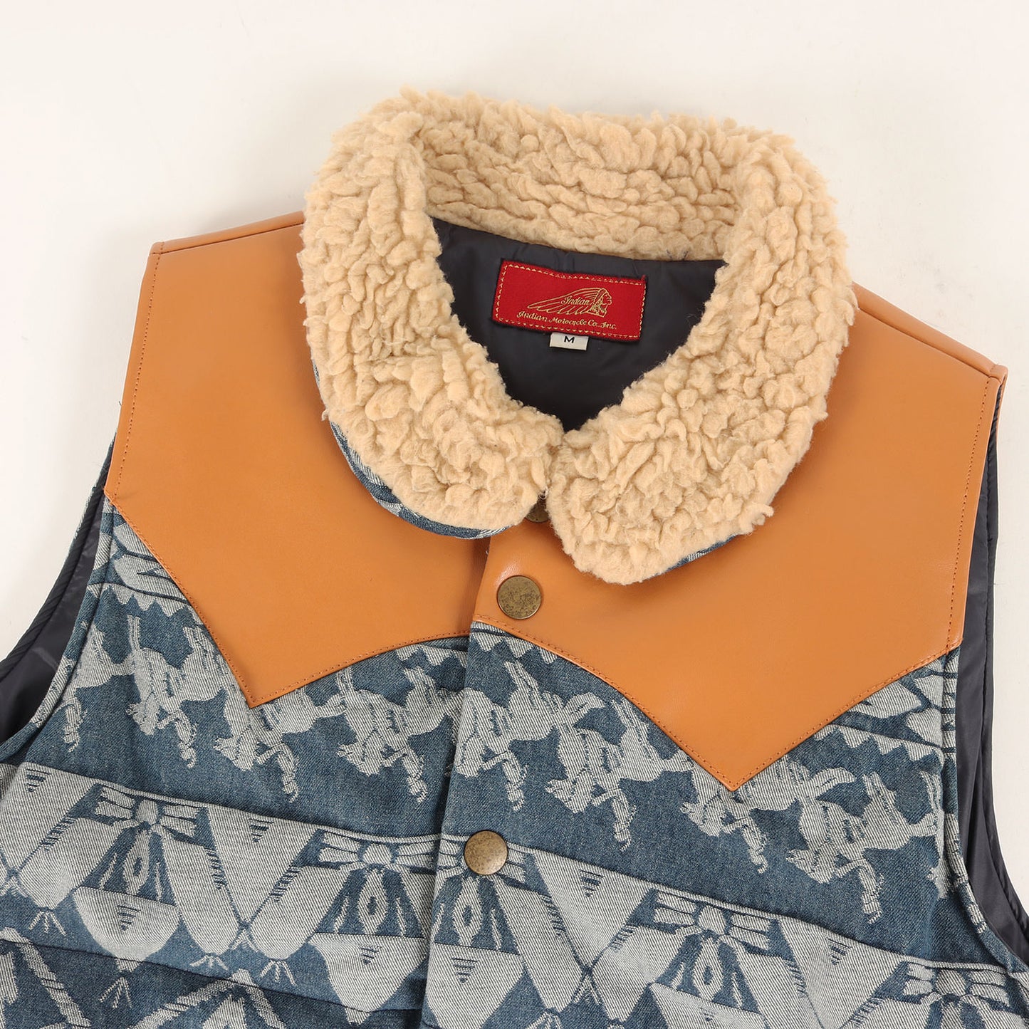 襟ボア レザーヨーク ネイティブ柄 ジャガードデニム 中綿 ベスト