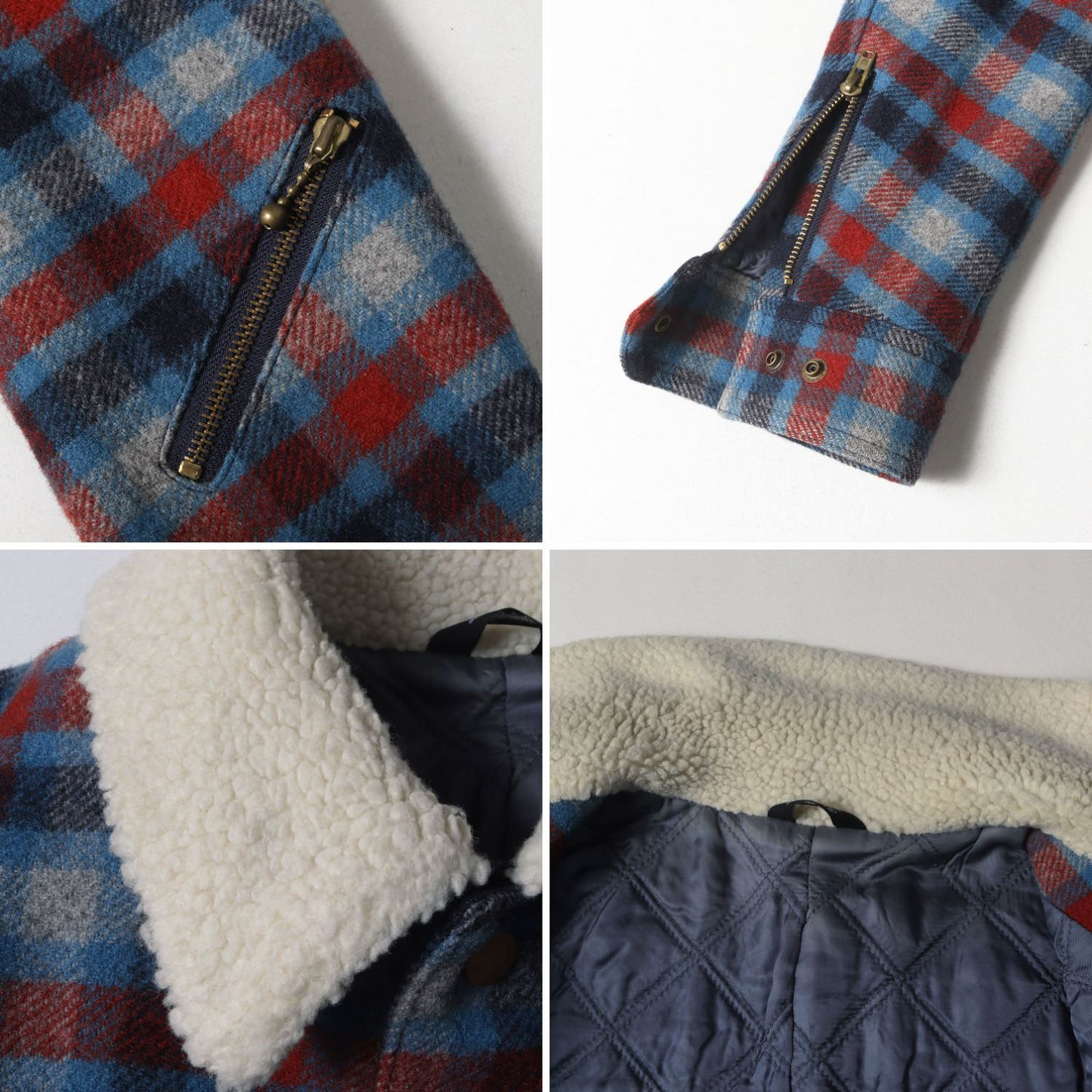襟ボア チェック ウール ジャケット / ブルゾン