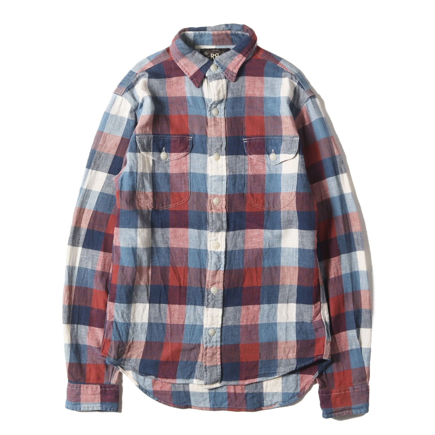 RRL 美品 コットン リネン チェック ワーク シャツ ブルー