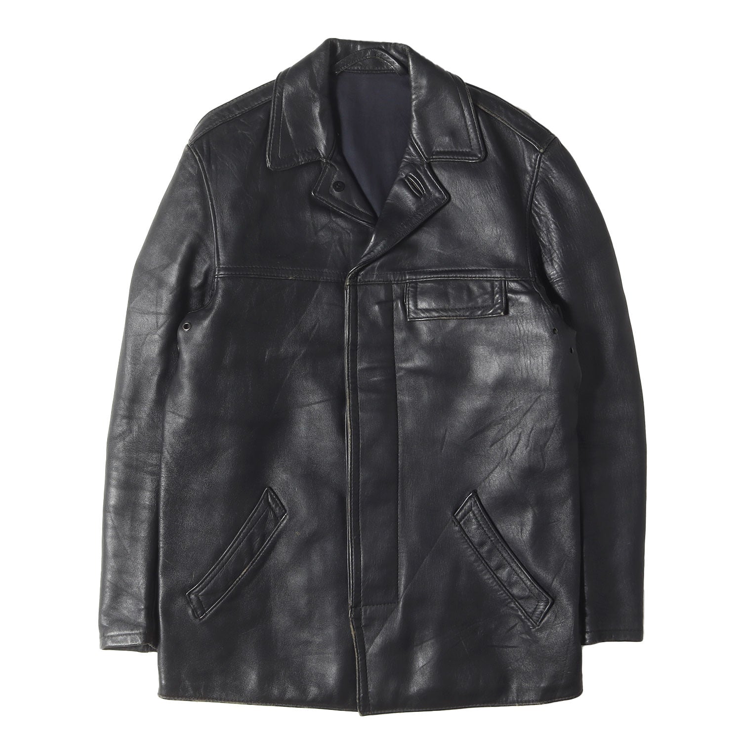 Euro vintage ユーロヴィンテージ ジャケット ブラック 黒 サイズ:記載なし(L位) | 雰囲気抜群 | 60s レザー ファイヤーマンジャケット | GVF IMPERCUIR GRAULHET | レザーコート | 60年代 古着 | アウター ブルゾン 上着【メンズ】【中古】【K4617】 雰囲気抜群] 60s レザー ファイヤーマンジャケット / GVF IMPERCUIR