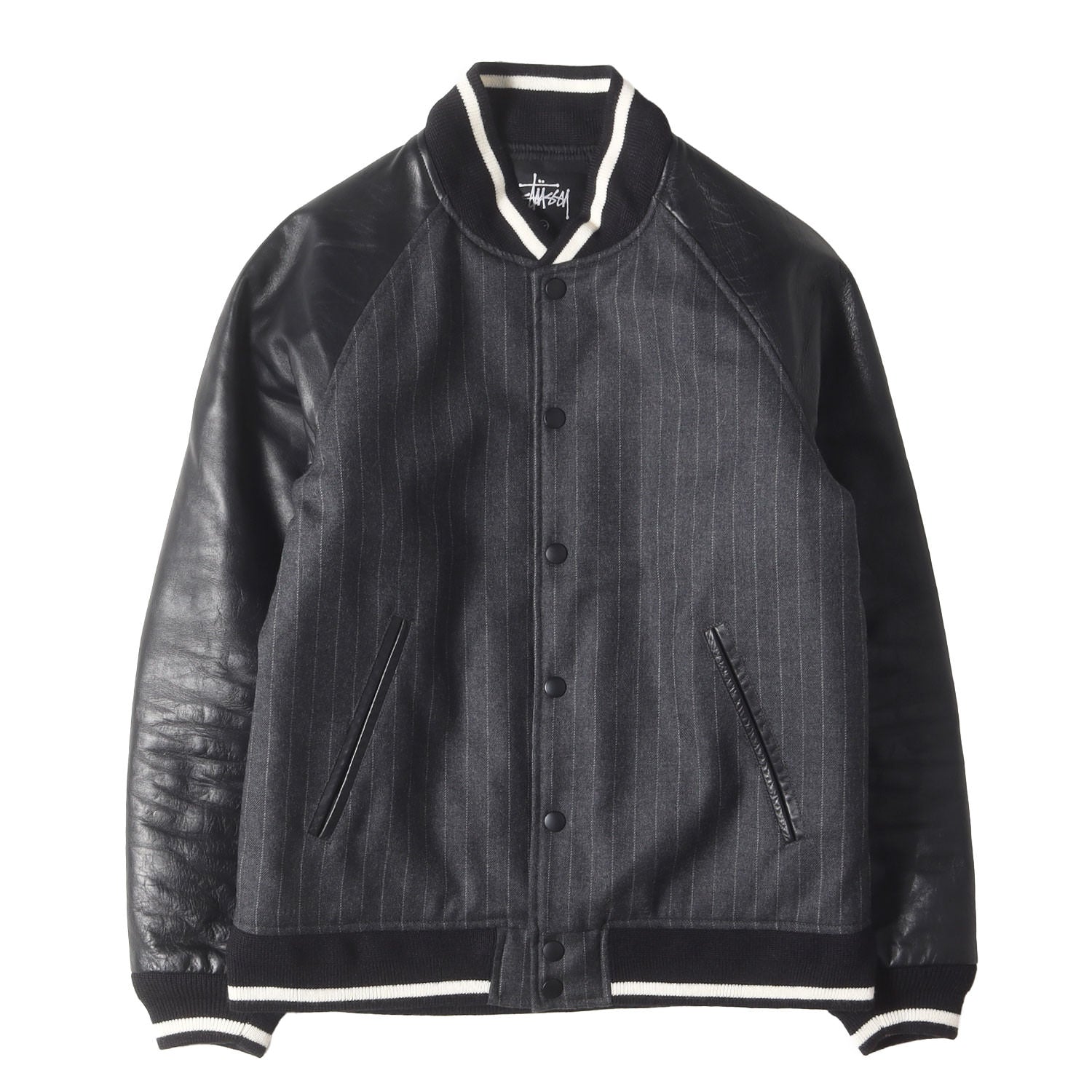 fragment design ストライプ 袖レザー ウール スタジャン - ブランド 