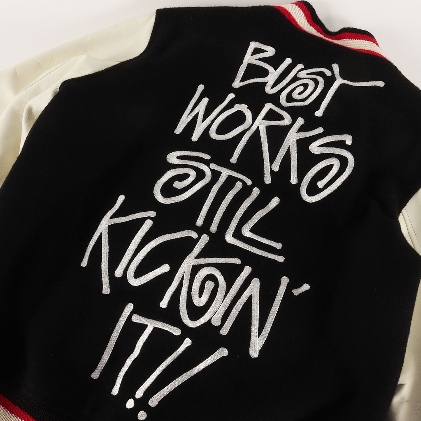 ×STUSSY 猿顔&SSリンク 袖レザー メルトン スタジャン