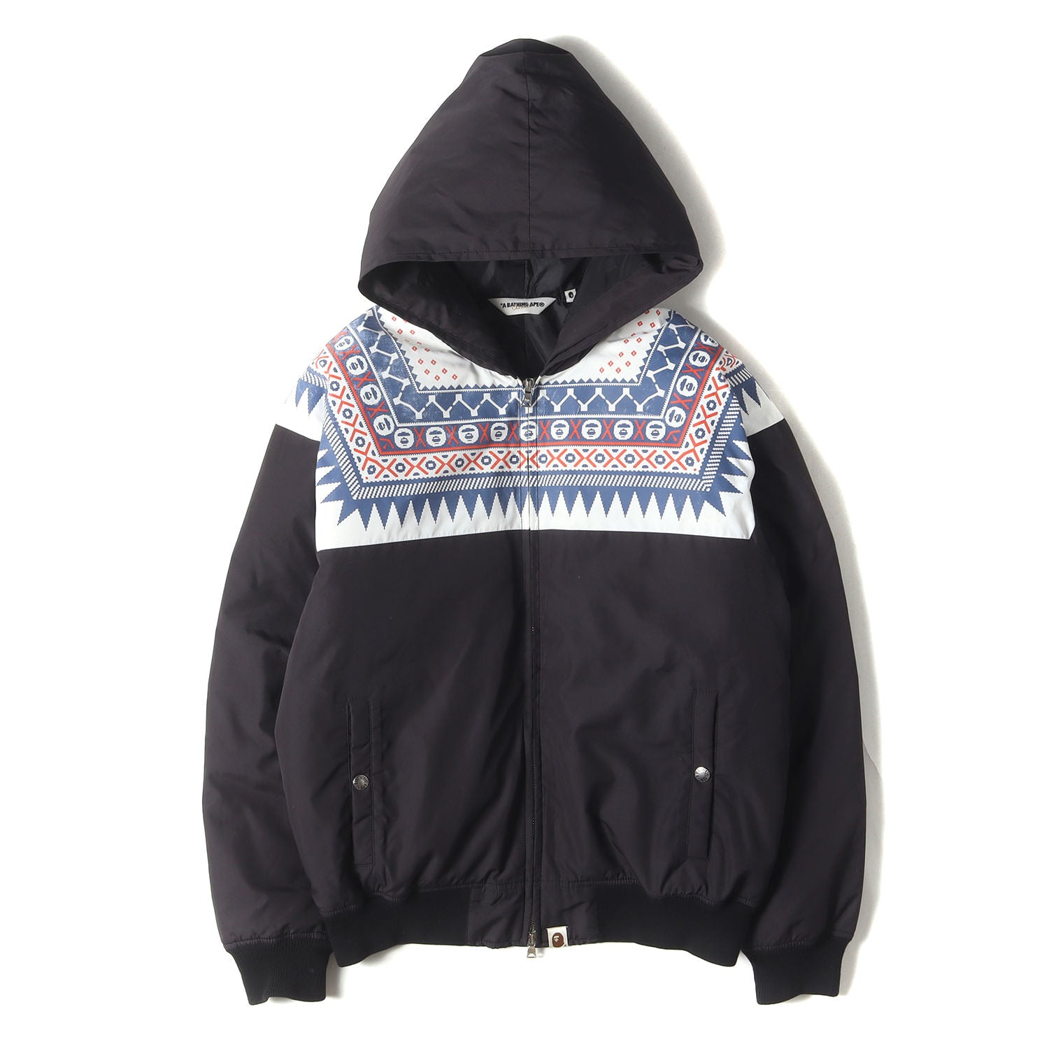 希少　A BATHING APE サル顔ノルディック柄ダウンブルゾンジャケット 猿顔ノルディック柄 フーディー ダウンジャケット - ブランド古着の