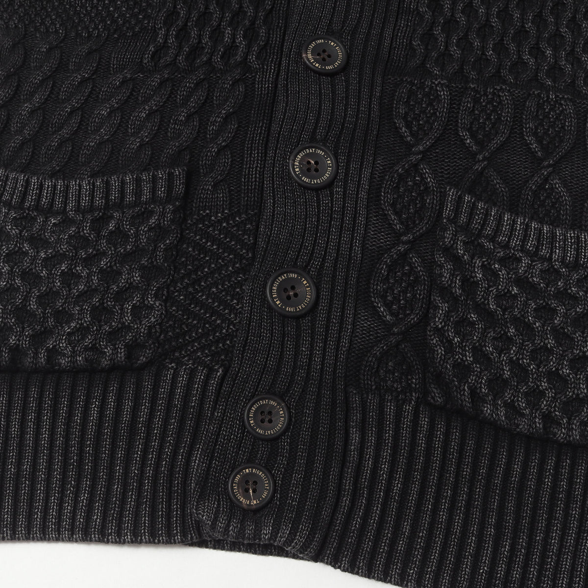 パッチワーク ケーブル編み ショールカラー ニット カーディガン(PATCHWAORK CABLE WASHOUT KNIT CARDIGAN)