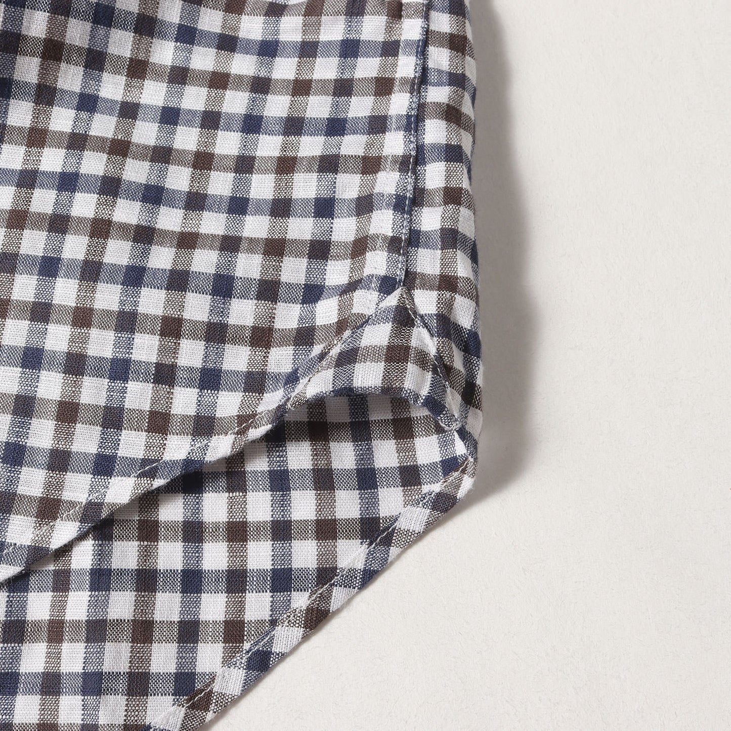 Papas Plus コットン/リネン チェック 9分袖 ボタンダウンシャツ