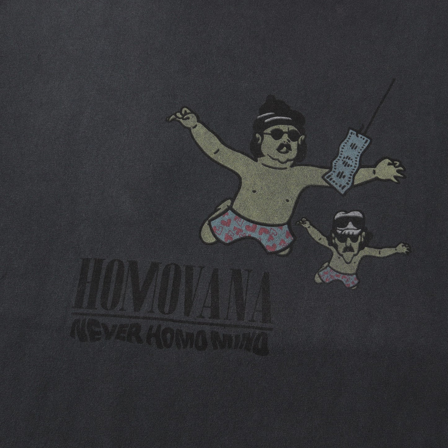 スペシャル加工 HOMOVANA NRVER HOMO MIND グラフィック ロゴ Tシャツ / NIRVANA NEVER MIND パロディ バンT