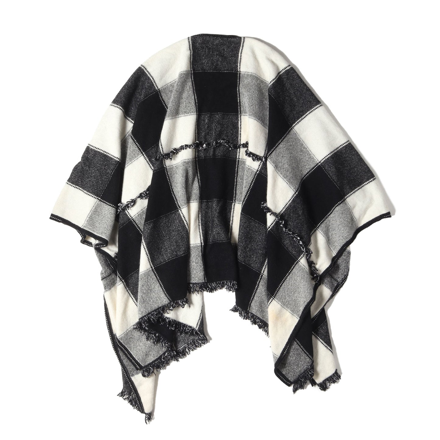 オーバーチェック フリンジ カシミヤ混 ウール ニット ポンチョ (4022881) / アウター 羽織 定番 ベーシック ラグカジ ラグジュアリー