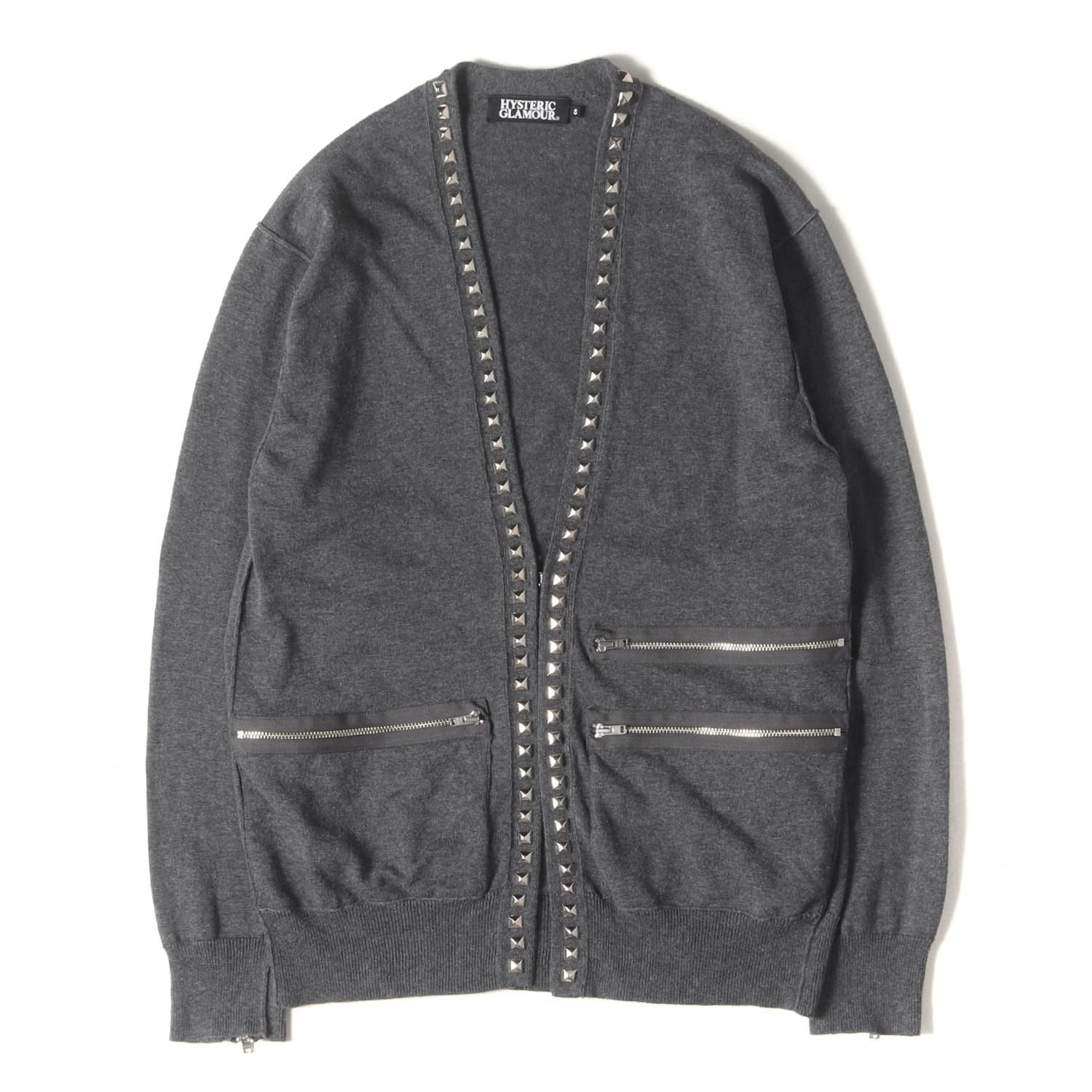 ヒステリックグラマー 02182ND02 ﾌﾞﾗｯｸ ZIPPER & STUDS ｺｯﾄﾝﾆｯﾄｶｰﾃﾞｨｶﾞﾝ L HYSTERIC GLAMOUR (ヒステリックグラマー) スタッズ ジップ 装飾