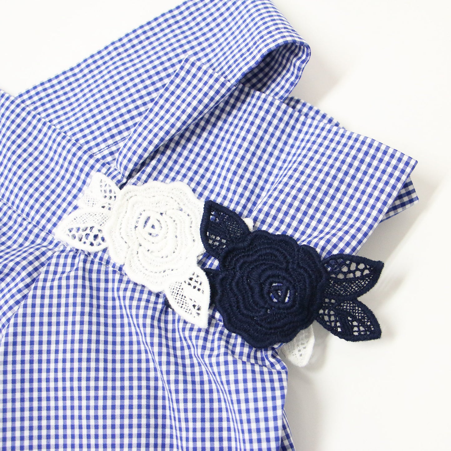 ギンガムチェック オフショルダー フレアスリーブ ブラウス / コットン プルオーバー 半袖 レース ギャザー 240701