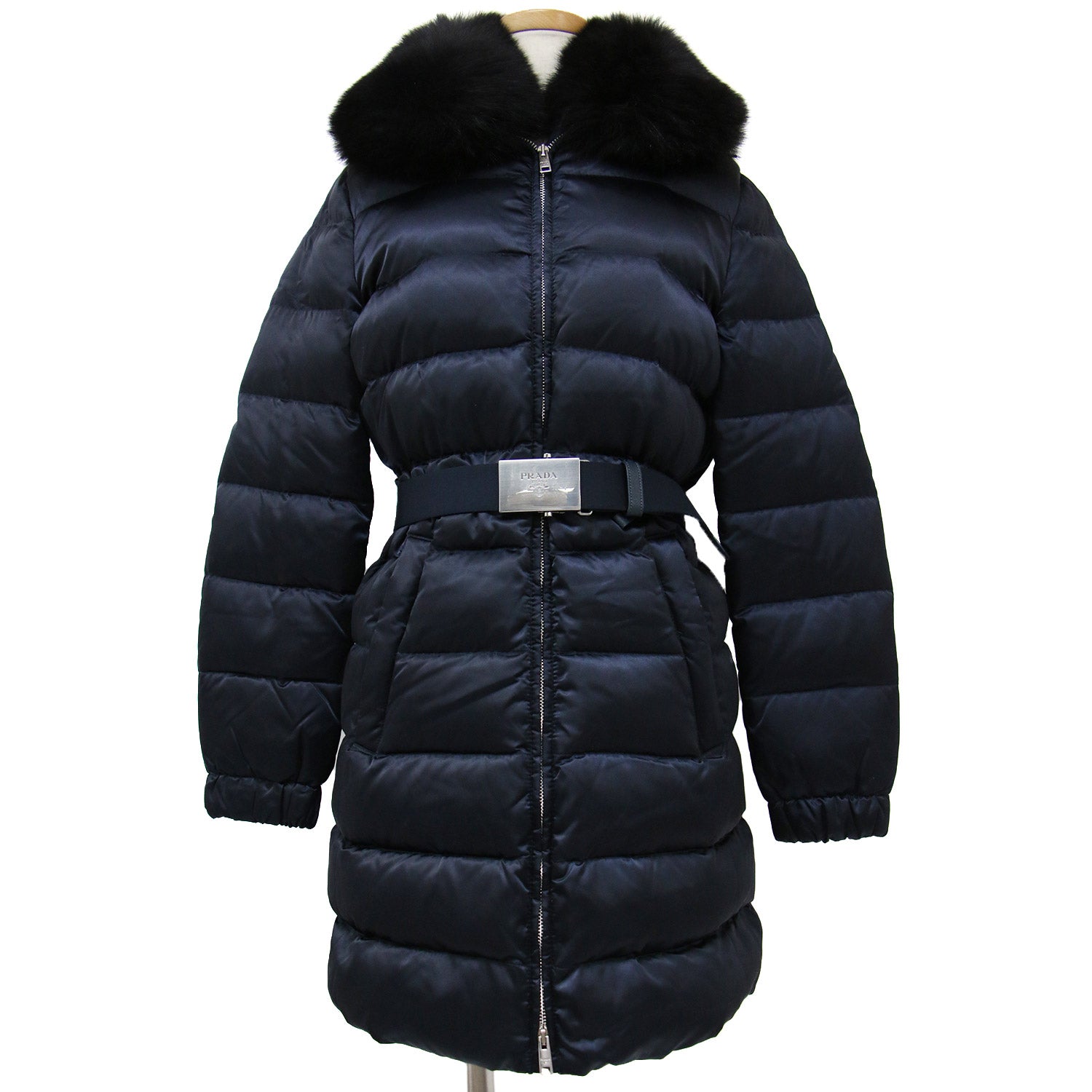 PRADA (プラダ) コート ダウン ロング ミドル フード ベルト付き 襟