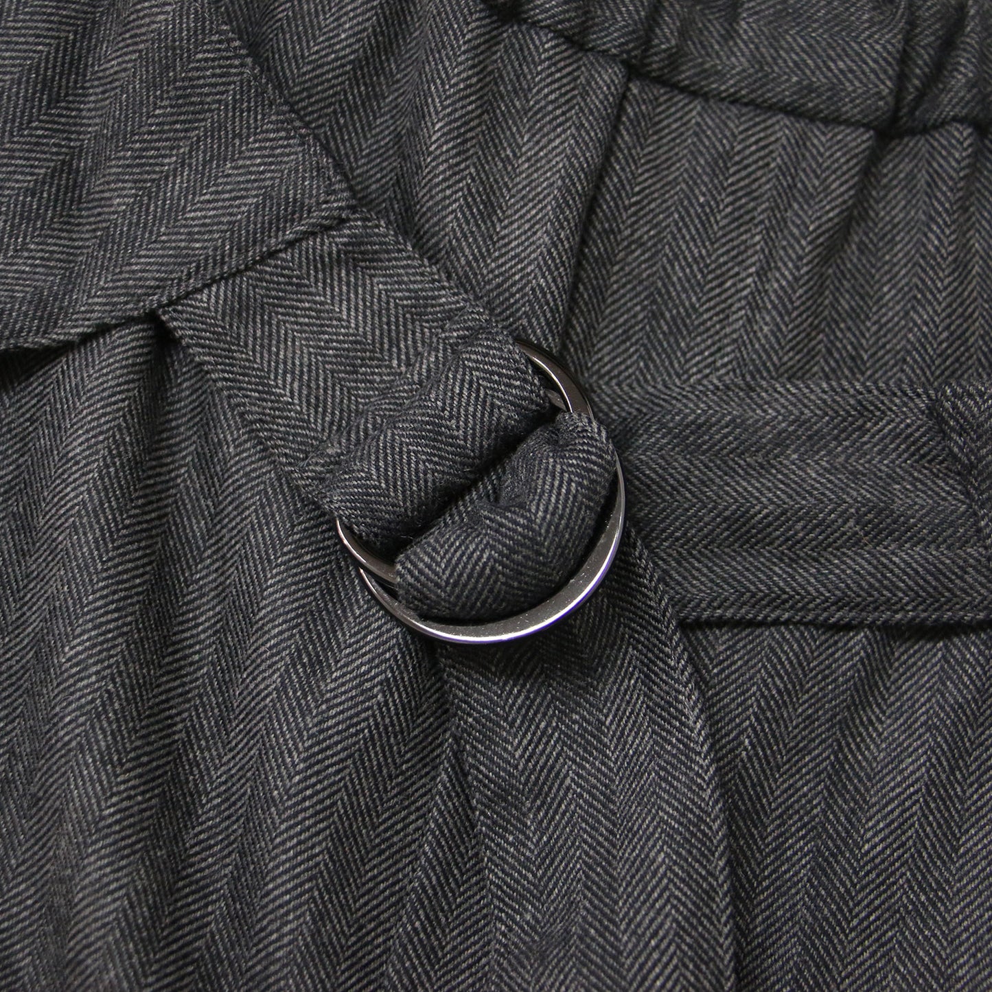 パンツ ワイド ストレート ウエストゴム ベルト付き ヘリンボーン ウールブレンド 240423