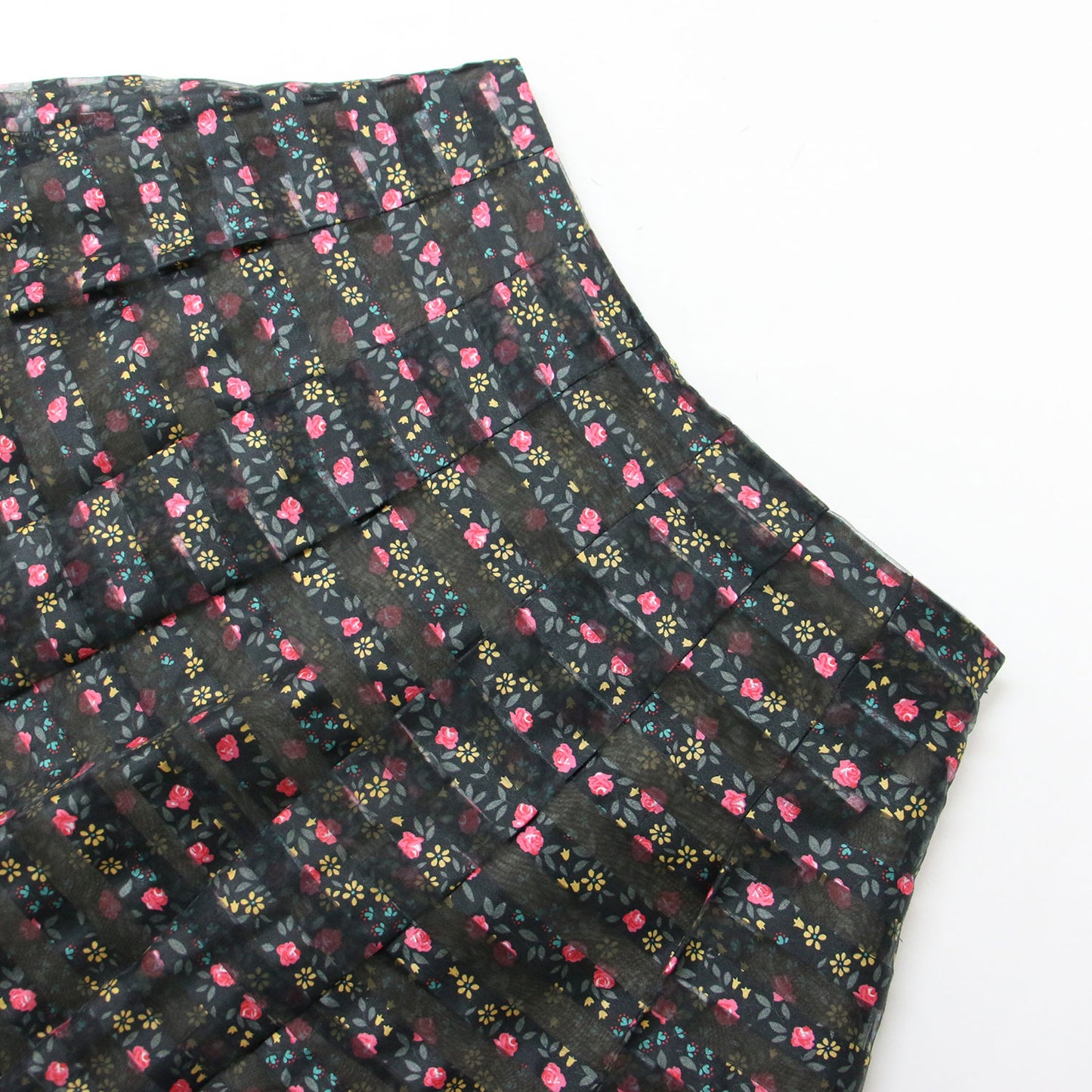 スカート ミディ丈 ひざ丈 タック Aライン ボーダー 花柄 フラワープリント オーガンジー 240618