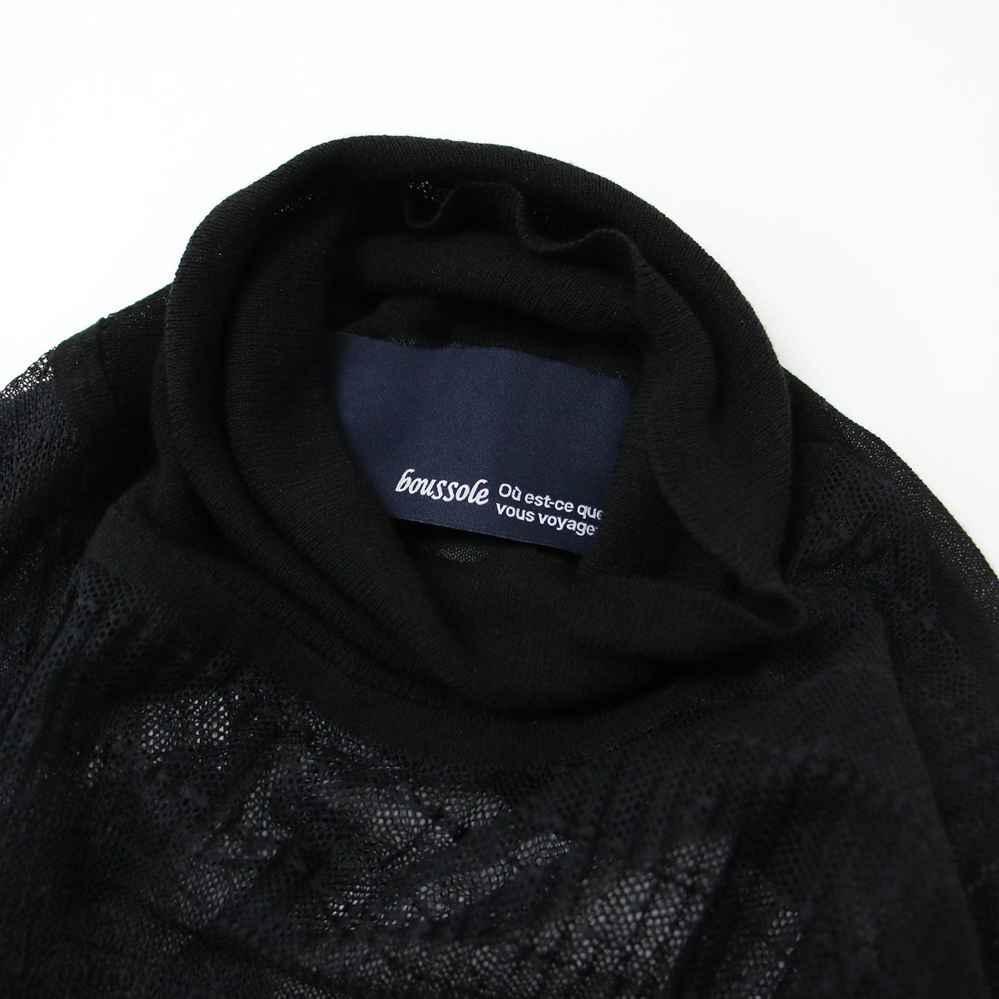 ドット柄 タートルネック ロングスリーブ プルオーバー カットソー / 総レース 長袖 フリル 水玉 メッシュ シアー 透け