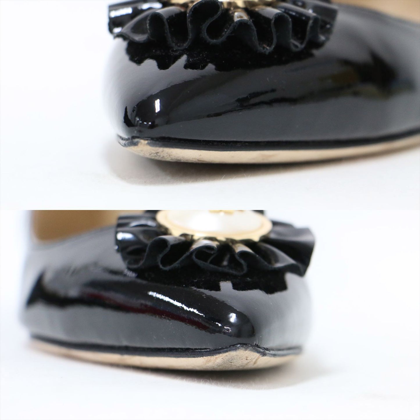 ロゴ パールモチーフ ポインテッドトゥ エナメル パンプス / MELODY FLAT バレエシューズ フラット フリル 牛革