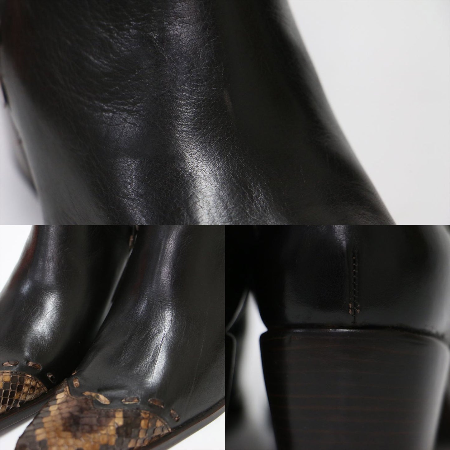 レザー ヒール ウエスタン ブーツ / ミドル丈 チャンキーヒール ポインテッドトゥ コンビ パイソン