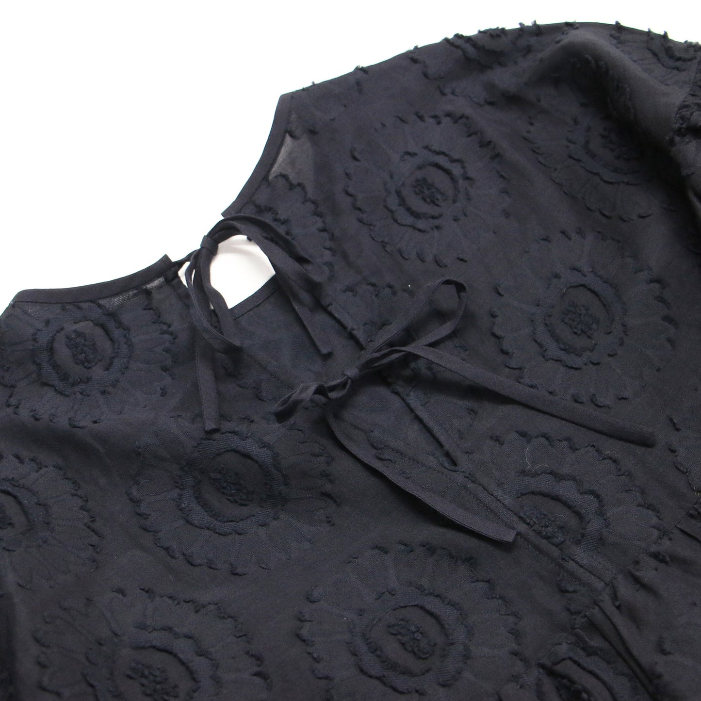 23春夏 サンフラワー ジャカード ラッフルスリーブ ブラウス / プルオーバー 半袖 クルーネック フレア タック コットン シルク