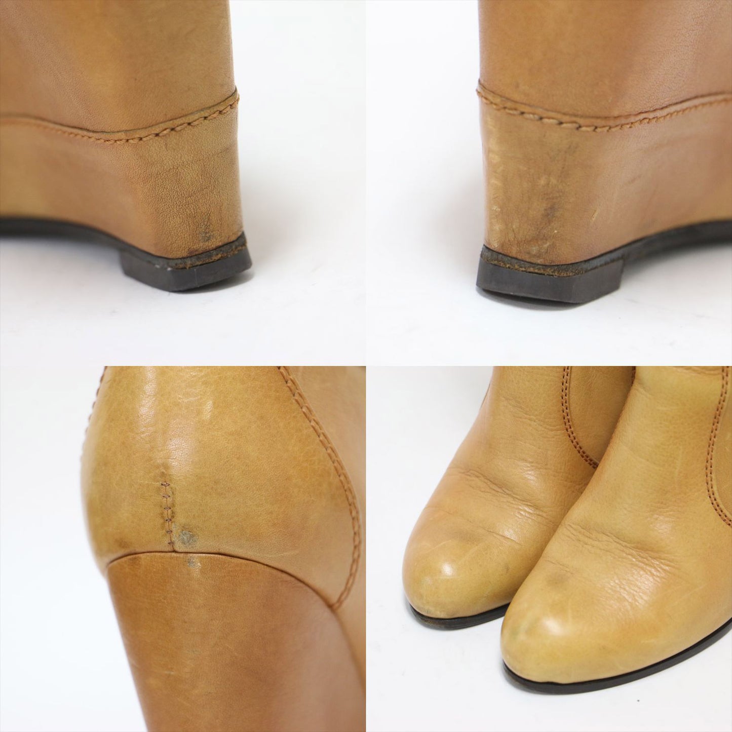 レザー ウエッジソール ロングブーツ / アーモンドトゥ ステッチ サイドファスナー ロゴ