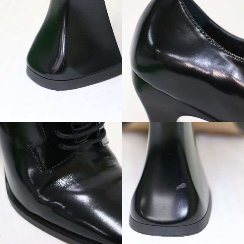 レザー レースアップ チャンキーヒール パンプス / ブーツ ハイヒール ラウンドトゥ