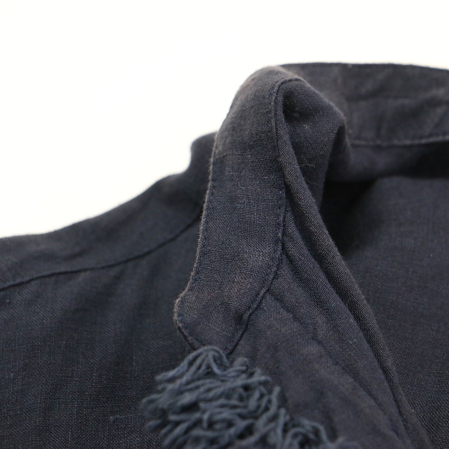 リネン フリンジ ロング シャツ ワンピース / Romy Fringe Long Shirts 長袖 バンドカラー