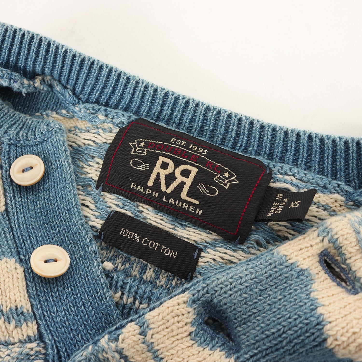 RRL (ダブルアールエル) ネイティブ柄 インターシャ ヘンリーネック インディゴ ニット(L/S HENLEYNECK INTARSIA KNIT  INDIGO YARN) - ブランド古着の通販・買取 | BEEGLE by Boo-Bee