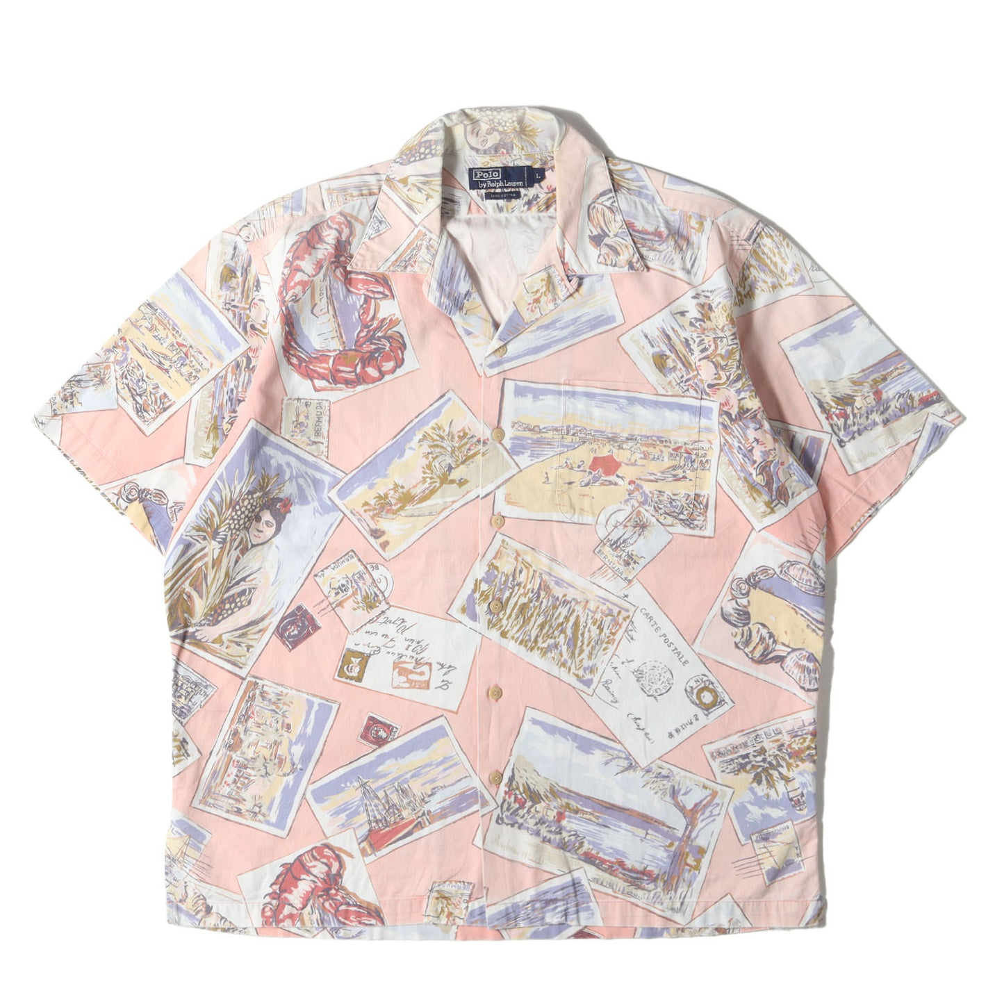 [ポニーなし] 90s 絵葉書柄 オープンカラー コットン 半袖シャツ
