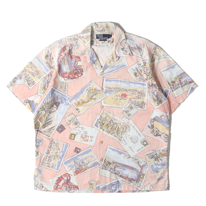 [ポニーなし] 90s 絵葉書柄 オープンカラー コットン 半袖シャツ