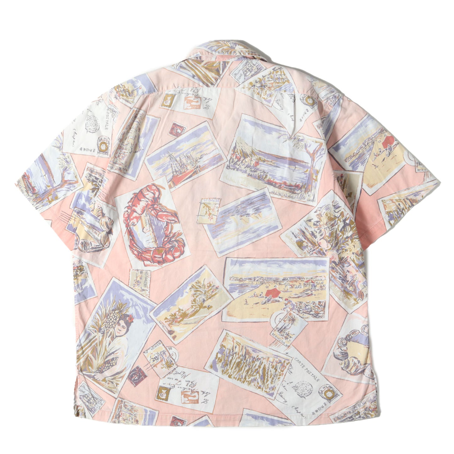 [ポニーなし] 90s 絵葉書柄 オープンカラー コットン 半袖シャツ