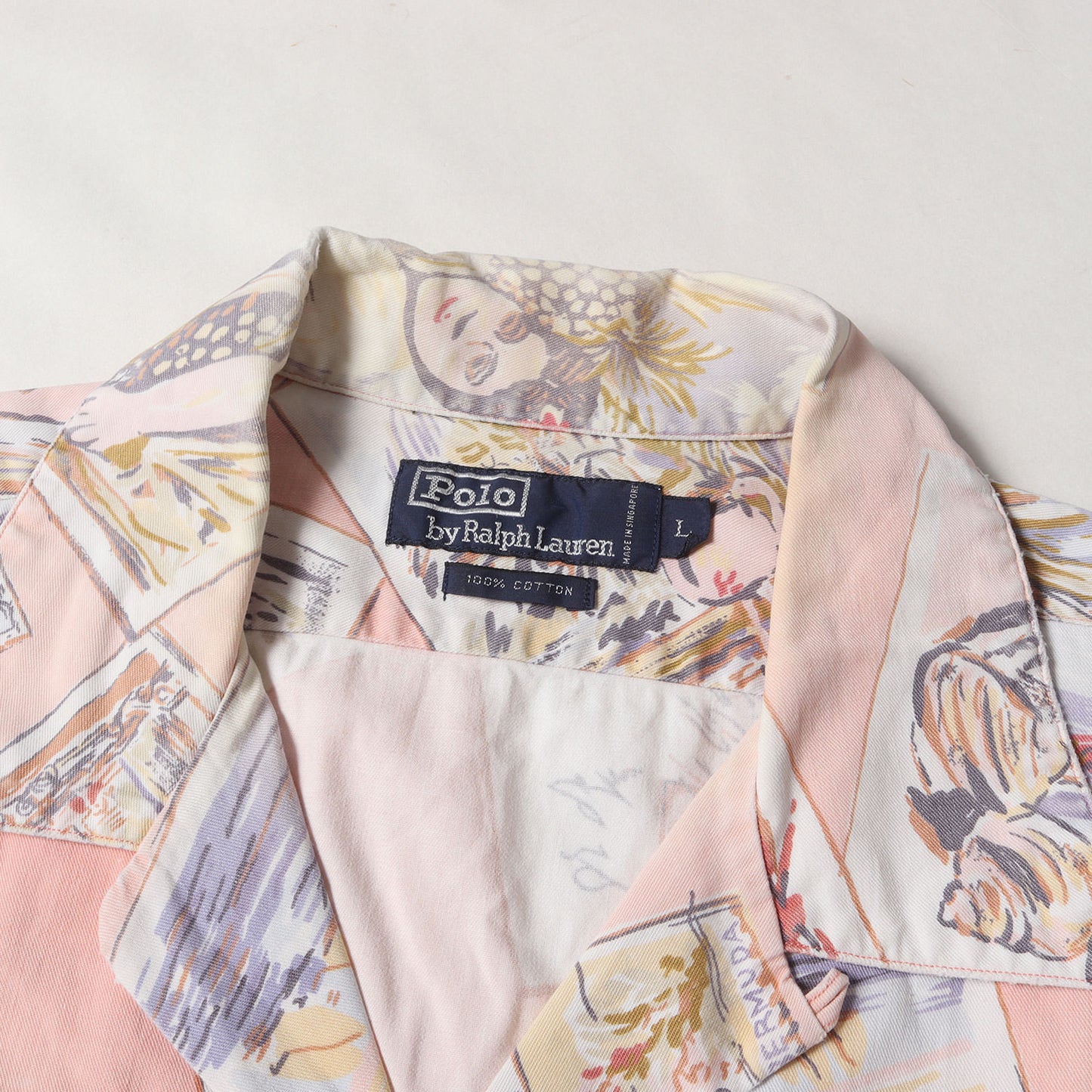 [ポニーなし] 90s 絵葉書柄 オープンカラー コットン 半袖シャツ