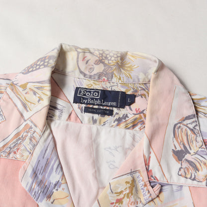 [ポニーなし] 90s 絵葉書柄 オープンカラー コットン 半袖シャツ