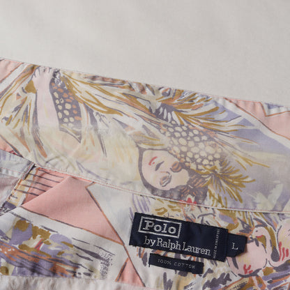 [ポニーなし] 90s 絵葉書柄 オープンカラー コットン 半袖シャツ