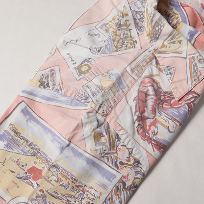 [ポニーなし] 90s 絵葉書柄 オープンカラー コットン 半袖シャツ