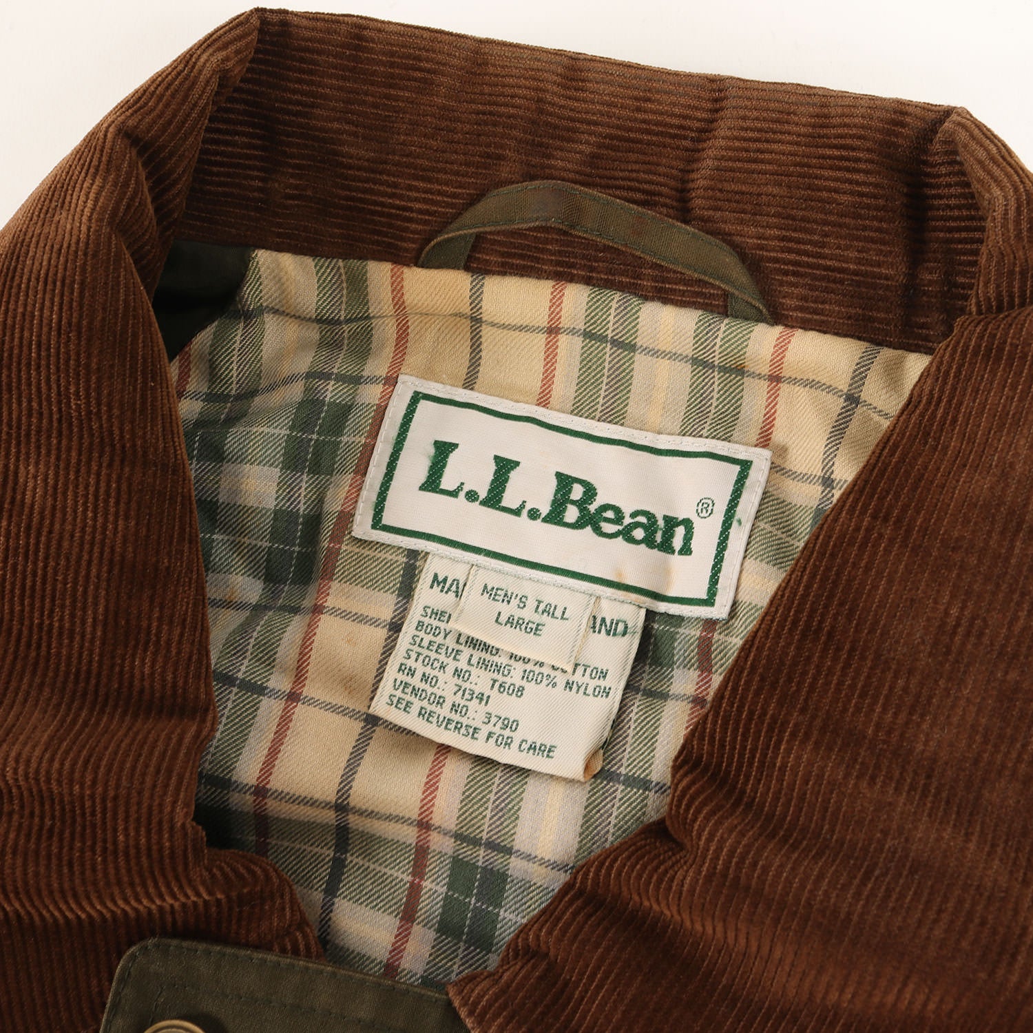 希少 LLBEAN 裏地チェック柄 襟首コーデュロイ コート L ジャケット L.L.Bean (エルエルビーン) 90～00s 襟コーデュロイ 裏地チェック