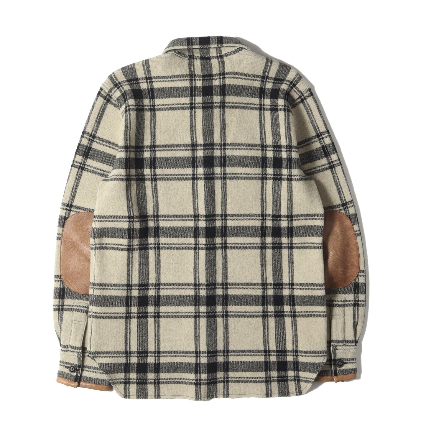ディアスキンレザー エルボーパッチ付き チェック ウールニット シャツジャケット