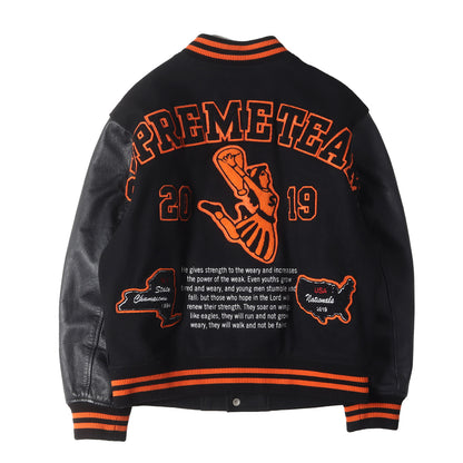 ワッペン付き 袖レザー バーシティジャケット / スタジャン(Team Varsity Jacket)