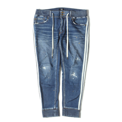 ダメージリペア加工 スウェットデニム トラックパンツ(SWEATLIKE-INDIGO DENIM TRACK PANTS)