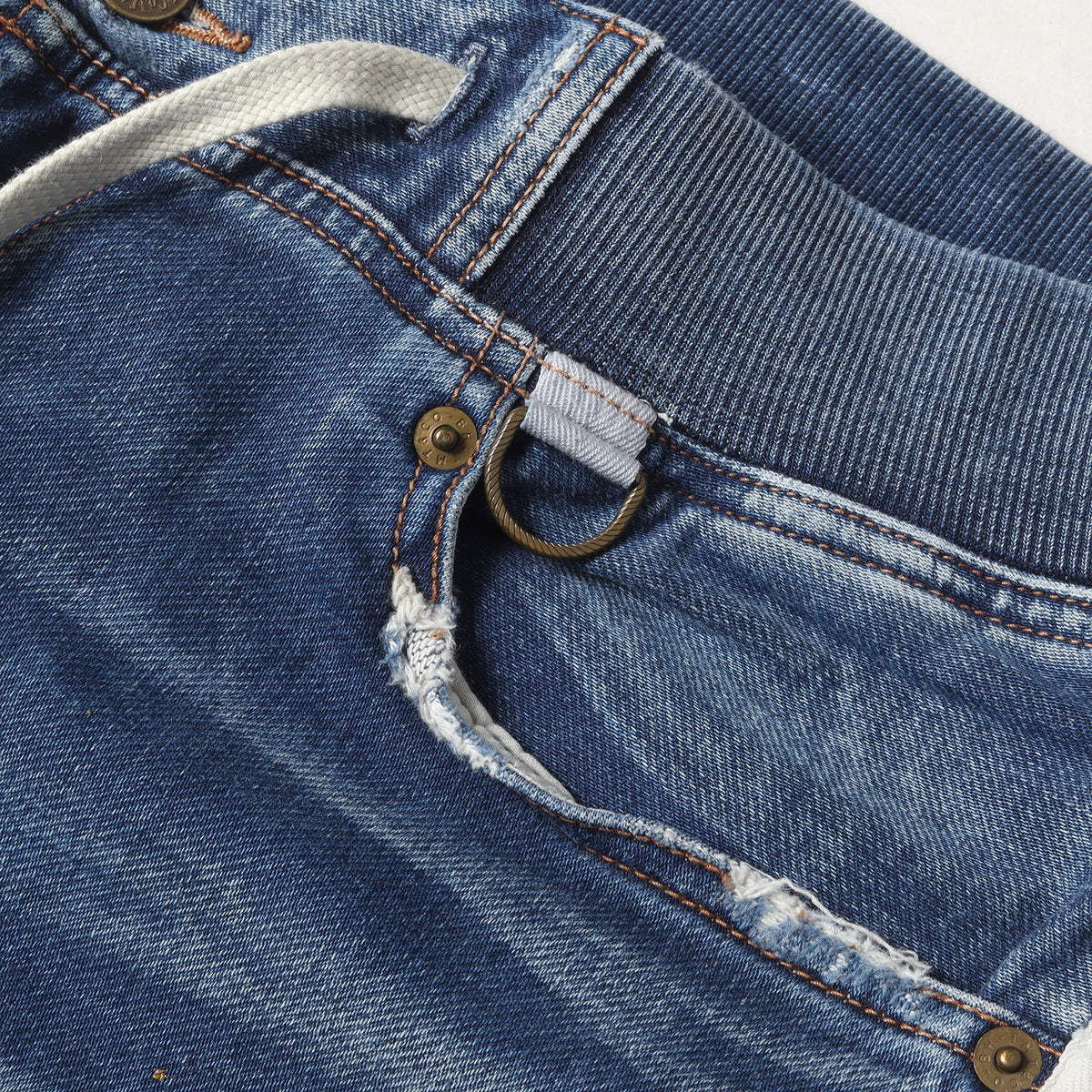ダメージリペア加工 スウェットデニム トラックパンツ(SWEATLIKE-INDIGO DENIM TRACK PANTS)