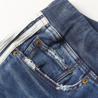 ダメージリペア加工 スウェットデニム トラックパンツ(SWEATLIKE-INDIGO DENIM TRACK PANTS)