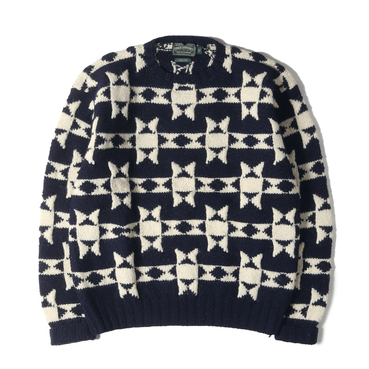 90s POLO COUNTRY 総柄 ハンドニット クルーネック セーター(HAND KNIT)