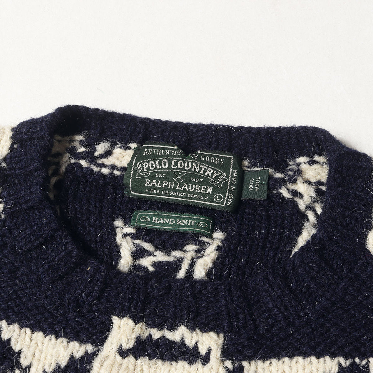 90s POLO COUNTRY 総柄 ハンドニット クルーネック セーター(HAND KNIT)