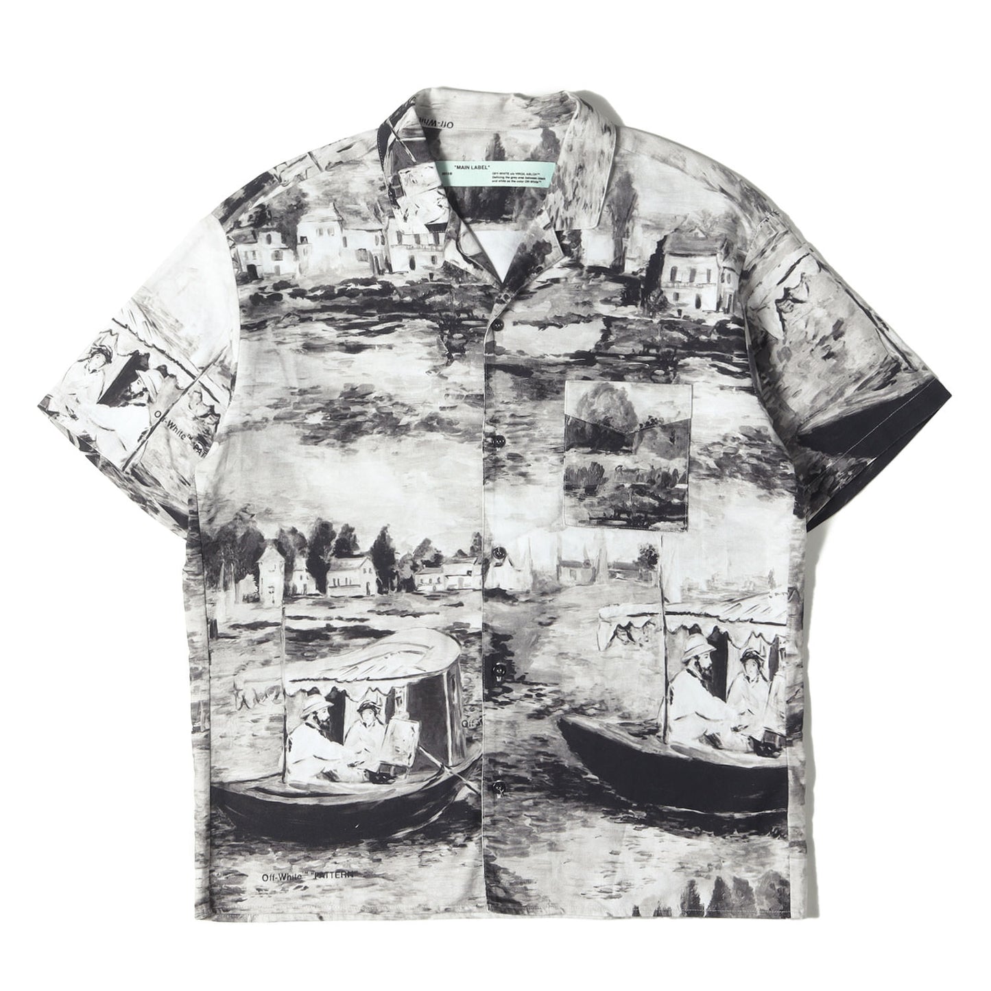 絵画 総柄 オープンカラー コットン 半袖シャツ