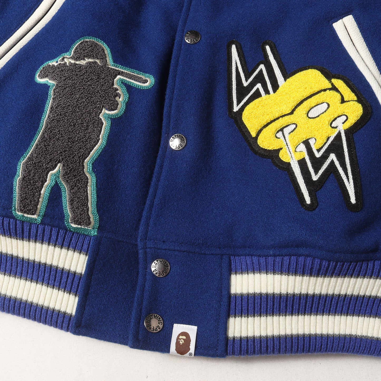 24SS マルチワッペン 袖レザー メルトン バーシティジャケット / スタジャン(BAPE VARSITY JACKET)