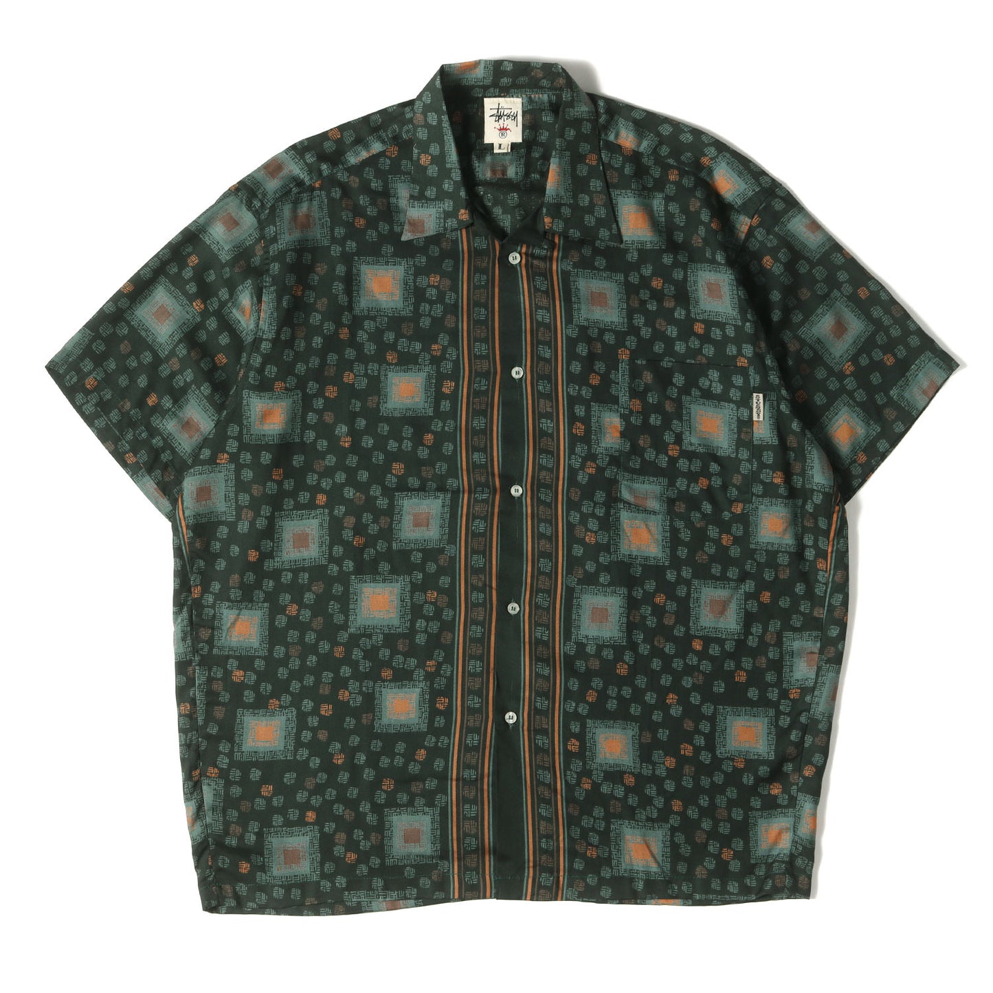 90s OLD STUSSY 王冠 白タグ 和柄 レーヨン アロハシャツ(USA製 / デッドストック)