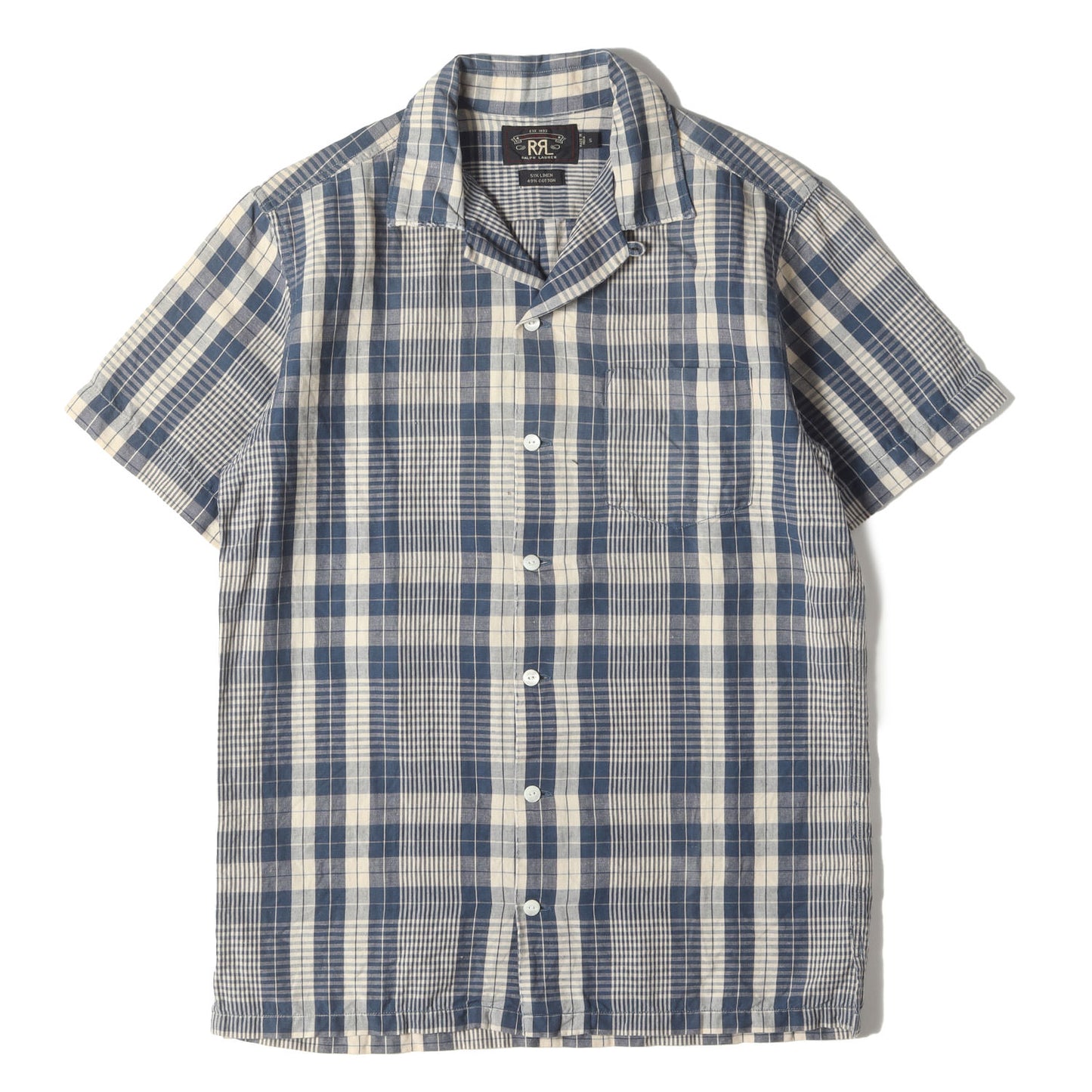 ダメージ加工 リネン/コットン オープンカラー チェック 半袖シャツ