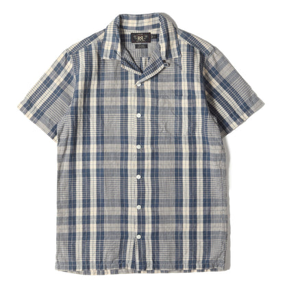 ダメージ加工 リネン/コットン オープンカラー チェック 半袖シャツ