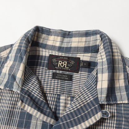 ダメージ加工 リネン/コットン オープンカラー チェック 半袖シャツ