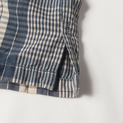 ダメージ加工 リネン/コットン オープンカラー チェック 半袖シャツ