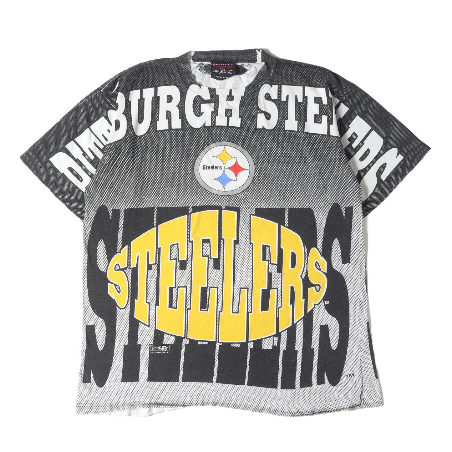 90s NFL ピッツバーグ・スティーラーズ 全面プリント Tシャツ(AMERICAS FAVORITESボディ)