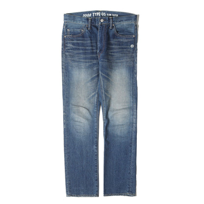 シャーク プリント ヴィンテージ加工 スリムテーパード デニムパンツ