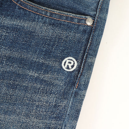 シャーク プリント ヴィンテージ加工 スリムテーパード デニムパンツ