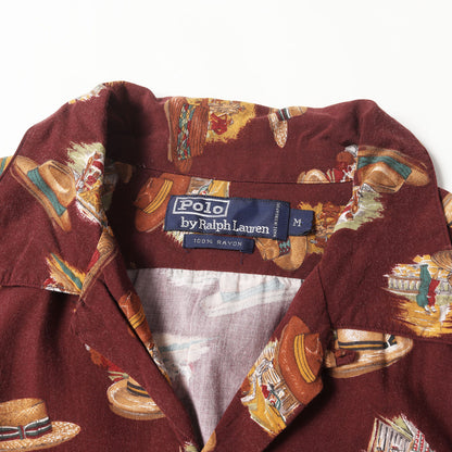 [ポニーなし] 90s ハット柄 オープンカラー レーヨン 半袖シャツ